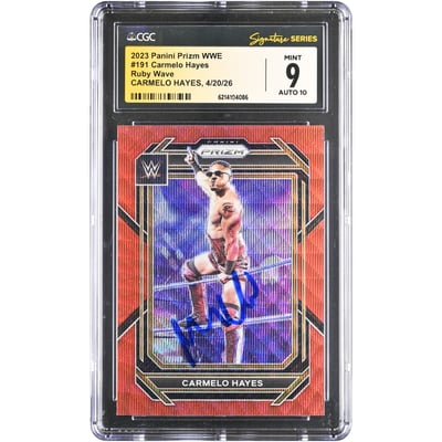 Carmelo Hayes WWE Autographed 2023 Panini Prizm WWE Ruby Wave #191 CGC Fanatics Witnessed Authenticated AUTO 10 Card