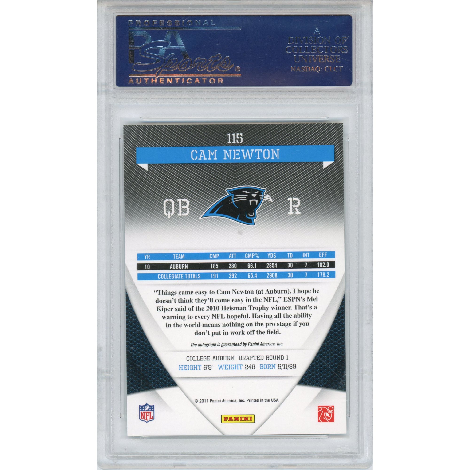 Carolina Panthers Cam Newton Autographed 2011 Panini Elite Turn of