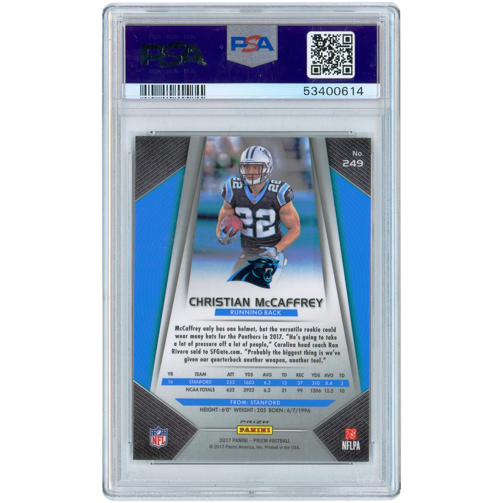 Carolina Panthers Christian McCaffrey 2017 Panini Prizm Silver