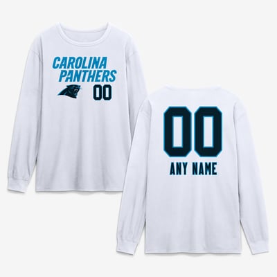 Carolina Panthers  Touchdown Wordmark Personalized Name & Number Long Sleeve T-Shirt - White