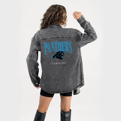  Carolina Panthers Gameday Couture Women's End Zone Energy Rhinestone Washed Full-Snap Denim Overshirt - Black