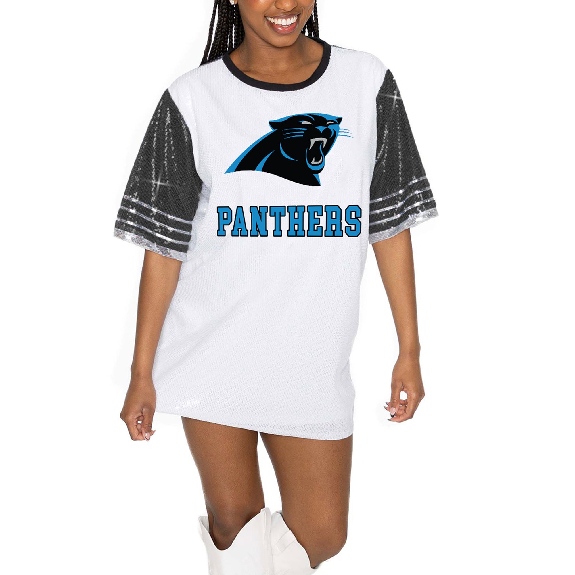 pink panther jersey dress Women's Gameday Couture White/Black Carolina Panthers Bling It Full Sequin pink basketball jersey nba