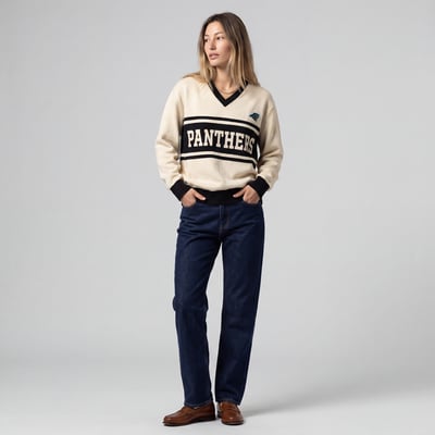 Carolina Panthers Mitchell & Ness Women's Retro Roots V-Neck Sweater - Cream/Black