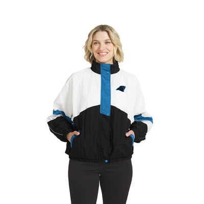  Carolina Panthers WEAR by Erin Andrews Women's Crinkle Full-Snap Hooded Windbreaker Jacket - White/Black