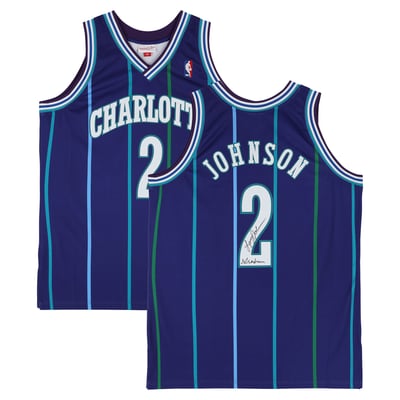 Larry Johnson Charlotte Hornets Autographed Fanatics Authentic Purple Mitchell & Ness 1996 Authentic Jersey with "Grandmama" Inscription 