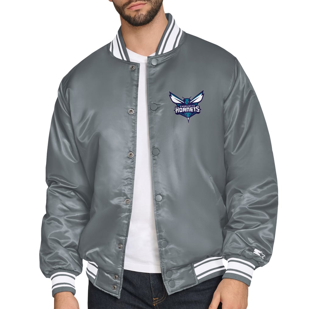 Charlotte Hornets Starter Printed Team Logo Satin Varsity Full-Snap Jacket - Gray