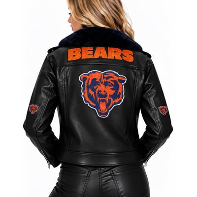 Chicago Bears FABGATING by Cuce Women's Vegan Leather Faux Fur Moto Full-Snap Jacket - Black/Navy