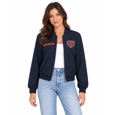 Chicago Bears FABGATING by Cuce Women's Crystal Full-Zip Bomber Jacket - Navy