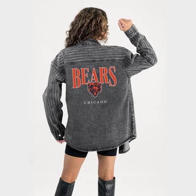  Chicago Bears Gameday Couture Women's End Zone Energy Rhinestone Washed Full-Snap Denim Overshirt - Black