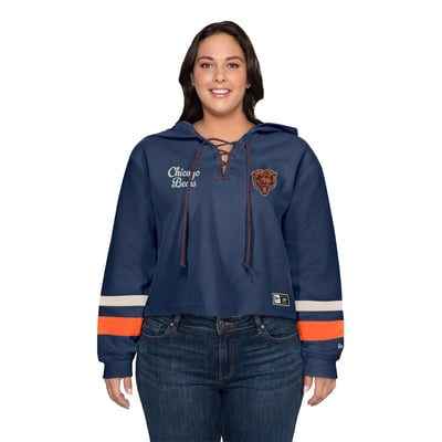 Chicago Bears New Era Women's Plus Size Throwback Cropped Lace-Up Hoodie - Navy