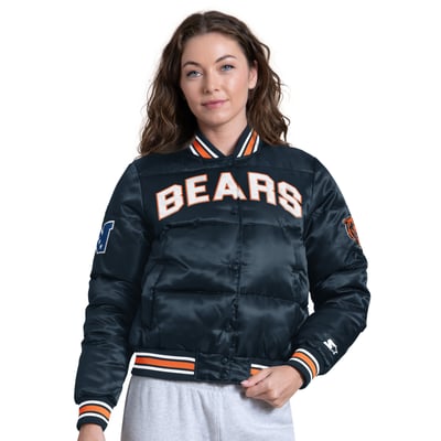 Chicago Bears Starter Women's Pump Fake Puffer Full Snap Cropped Jacket - Navy