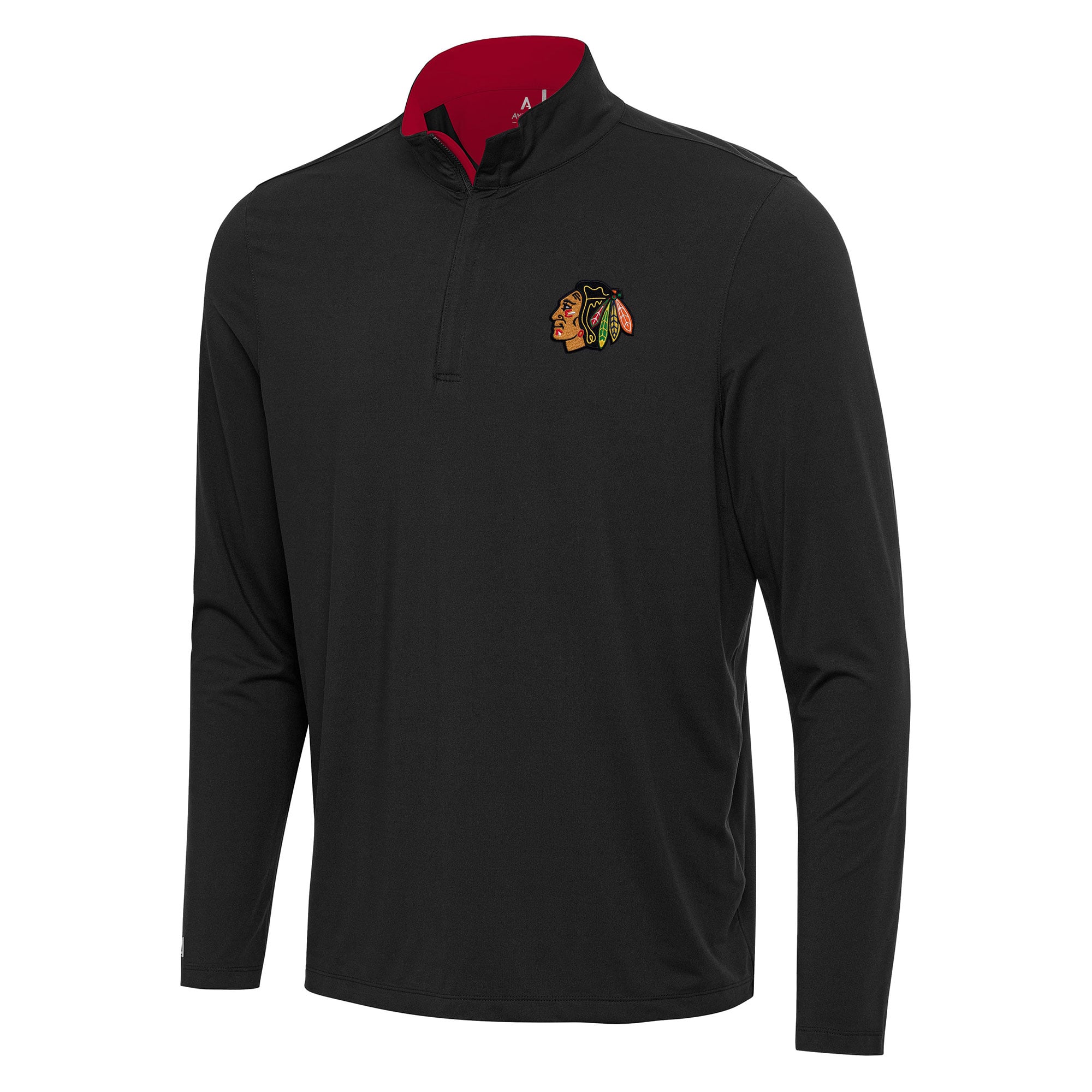 Men's Chicago Blackhawks Antigua Black/Red Content Quarter-Zip Pullover Top