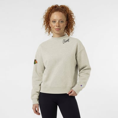  Chicago Blackhawks Champion Women's Collar Script Triumph Tri-Blend Fleece Sweatshirt - Oatmeal