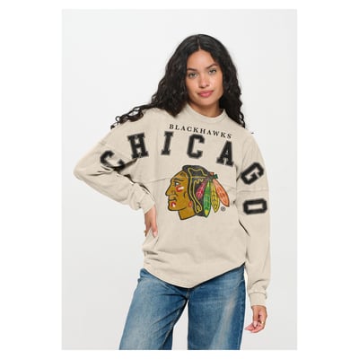 Chicago Blackhawks Fanatics Women's Oversized Front Print Spirit Jersey Long Sleeve T-Shirt - Cream