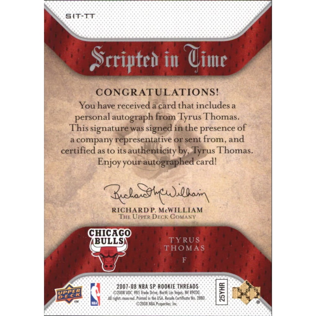 2007-08 SP Rookie Threads Scripted in Time #TT Tyrus Thomas