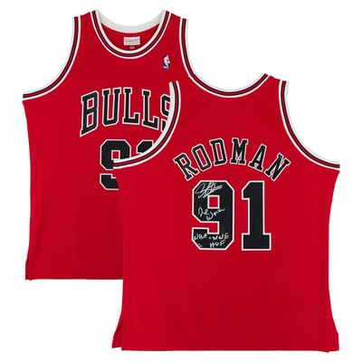 Dennis Rodman Chicago Bulls Autographed Fanatics Authentic Red Mitchell & Ness 1998 Swingman Jersey with Multiple Inscriptions - Limited Edition of 10