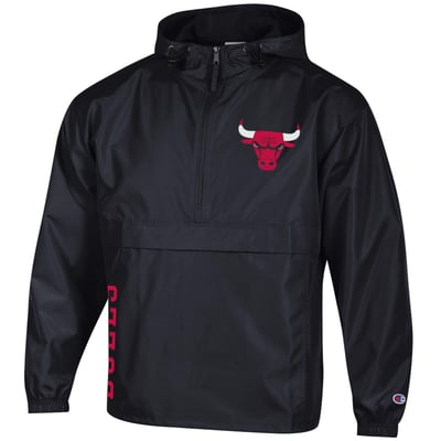 Chicago Bulls Champion Packable Lightweight Hooded Windbreaker Half-Zip Jacket - Black