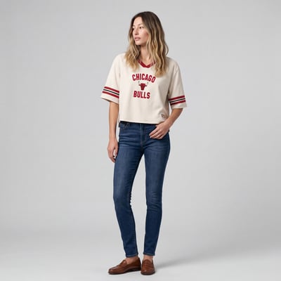  Chicago Bulls Mitchell & Ness Women's Retro Roots Hardwood Classics Cropped Boxy Yoke V-Neck T-Shirt - Cream