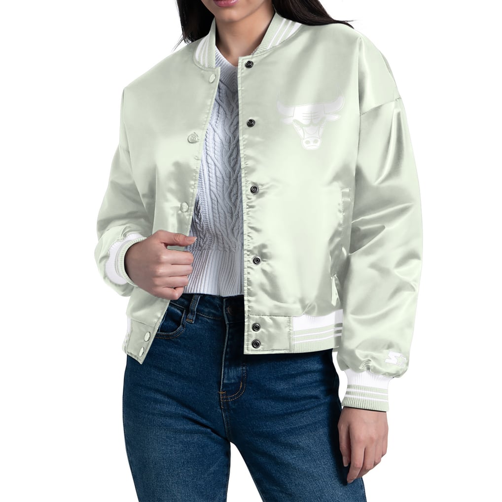 Chicago Bulls Starter Women's Printed Script Cropped Satin Varsity Full-Snap Jacket - Green