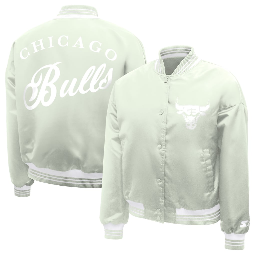 Chicago Bulls Starter Women's Printed Script Cropped Satin Varsity Full-Snap Jacket - Green