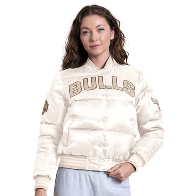 Chicago Bulls Starter Women's Pump Fake Puffer Full Snap Cropped Jacket - White