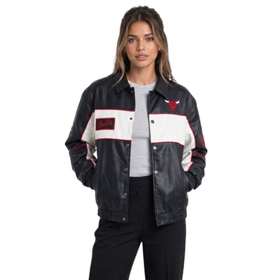  Chicago Bulls The Wild Collective Women's Faux Leather Racing Full-Snap Jacket - Black
