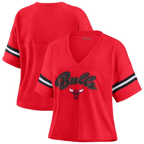 bulls jersey dress plus size Women's Chicago WEAR by Erin Andrews Red Color Block Boxy V-Neck T-Shirt Basketball