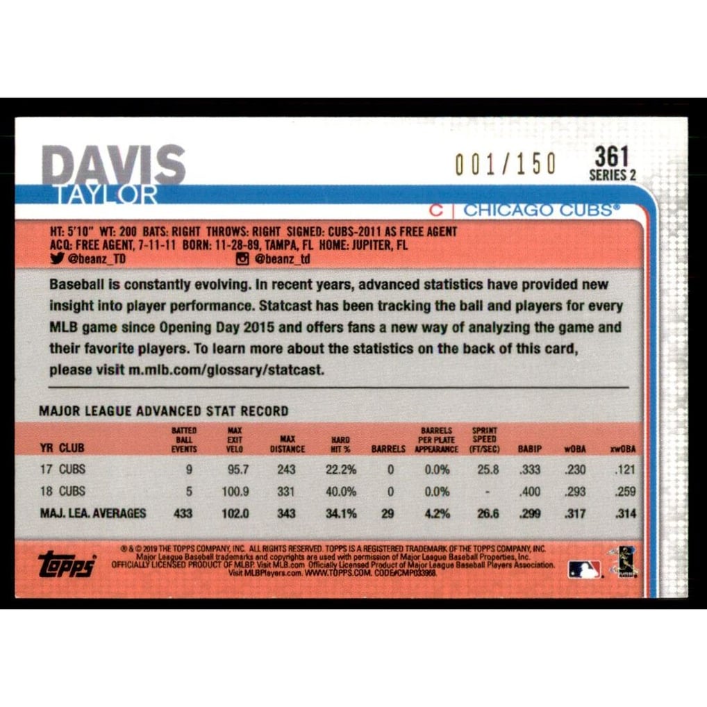 2019 Topps Advanced Stats #361 Taylor Davis