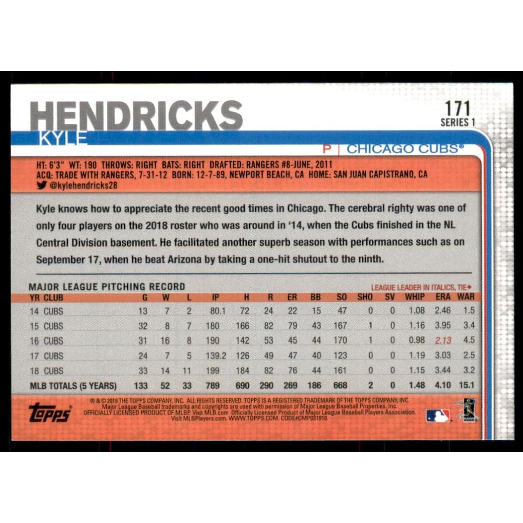 2019 Topps Factory Set 582 Montgomery #171 Kyle Hendricks