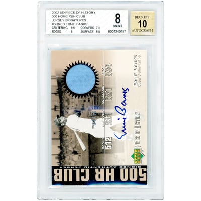 Ernie Banks Chicago Cubs Autographed 2002 Upper Deck Piece of History 500 HR Club Game Used Jersey #SHR-EB #4/10 BGS Authenticated 8/10 Card