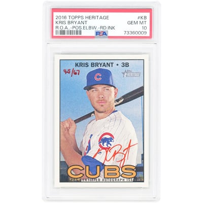 Kris Bryant Chicago Cubs Autographed 2016 Topps Heritage Real One Red Ink #ROA-KB #45/67 PSA Authenticated 10 Card