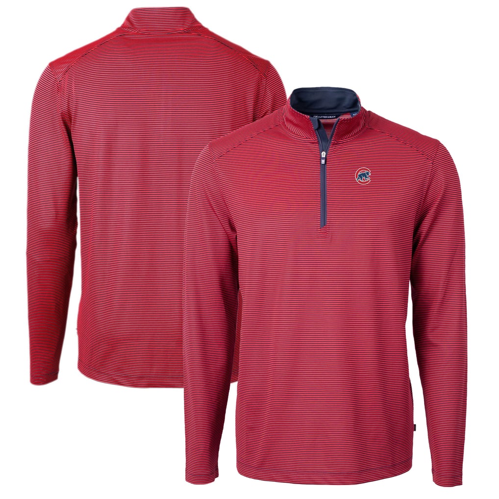 Chicago Cubs Cutter & Buck Virtue Eco Pique Micro Stripe Recycled Quarter-Zip Pullover Top - Red/Navy