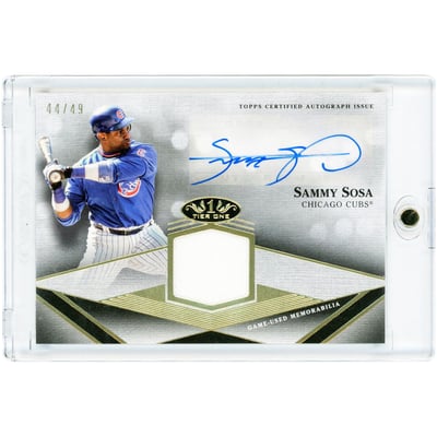 Sammy Sosa Chicago Cubs Autographed 2022 Topps Tier One Game Used Jersey Relic #T1AR-SSO #44/49 Card