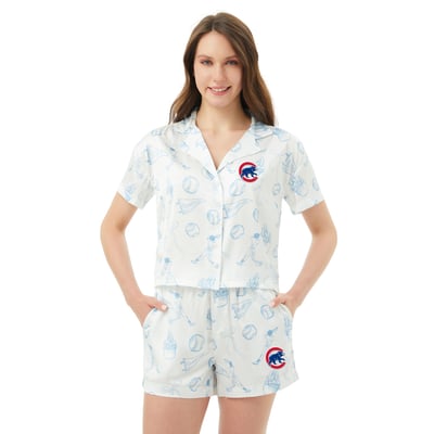  Chicago Cubs Concepts Sport Women's Hilton Satin Allover Print Button-Up Shirt & Shorts Set - White