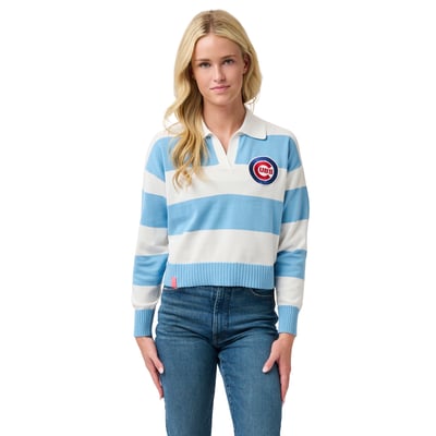 Chicago Cubs Lusso Women's Silvia Boxy Rugby V-Neck Sweater - Light Blue/Cream