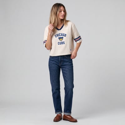  Chicago Cubs Mitchell & Ness Women's Cooperstown Collection Retro Roots Crop Boxy Yoke T-Shirt - Cream