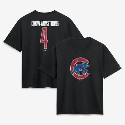 Pete Crow-Armstrong Chicago Cubs Women's Metallic Mascot Name & Number T-Shirt - Black