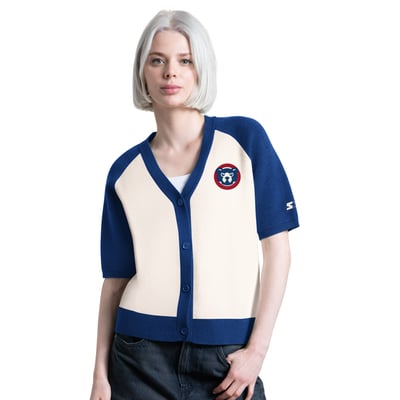 Chicago Cubs Starter Women's Cooperstown Collection Key Player Tri-Blend Cropped Button-Up Raglan Short Sleeve Sweater - Cream