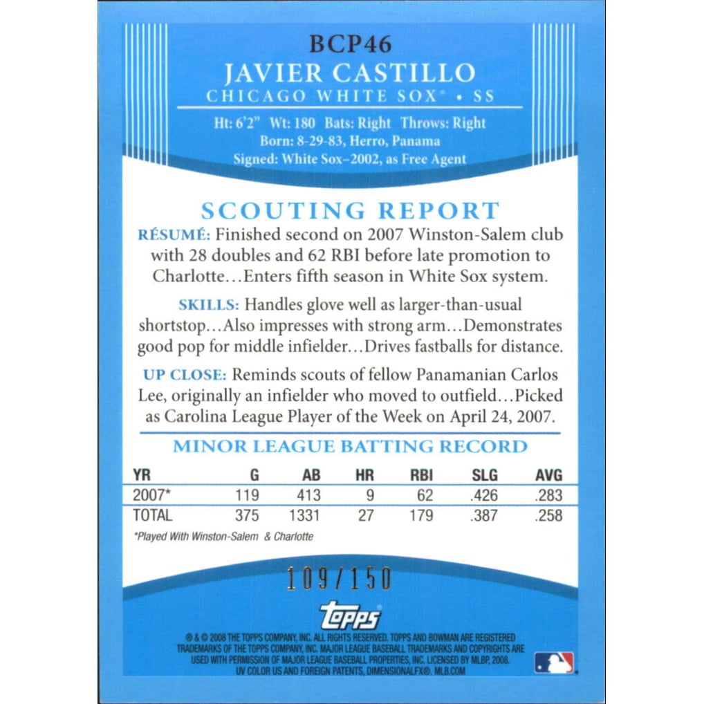 2008 Bowman Chrome Prospects Blue Refractors #BCP46 Javier Castillo