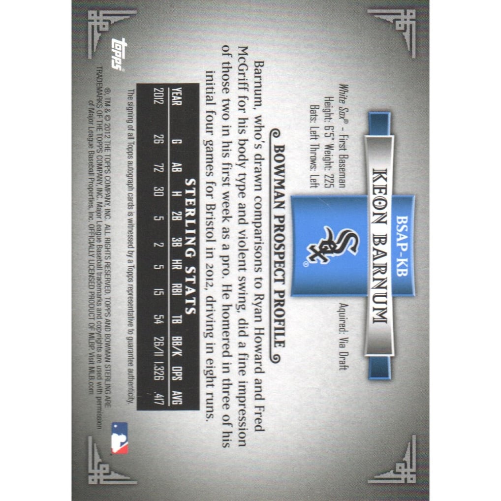 2012 Bowman Sterling Prospect Autographs #KB Keon Barnum