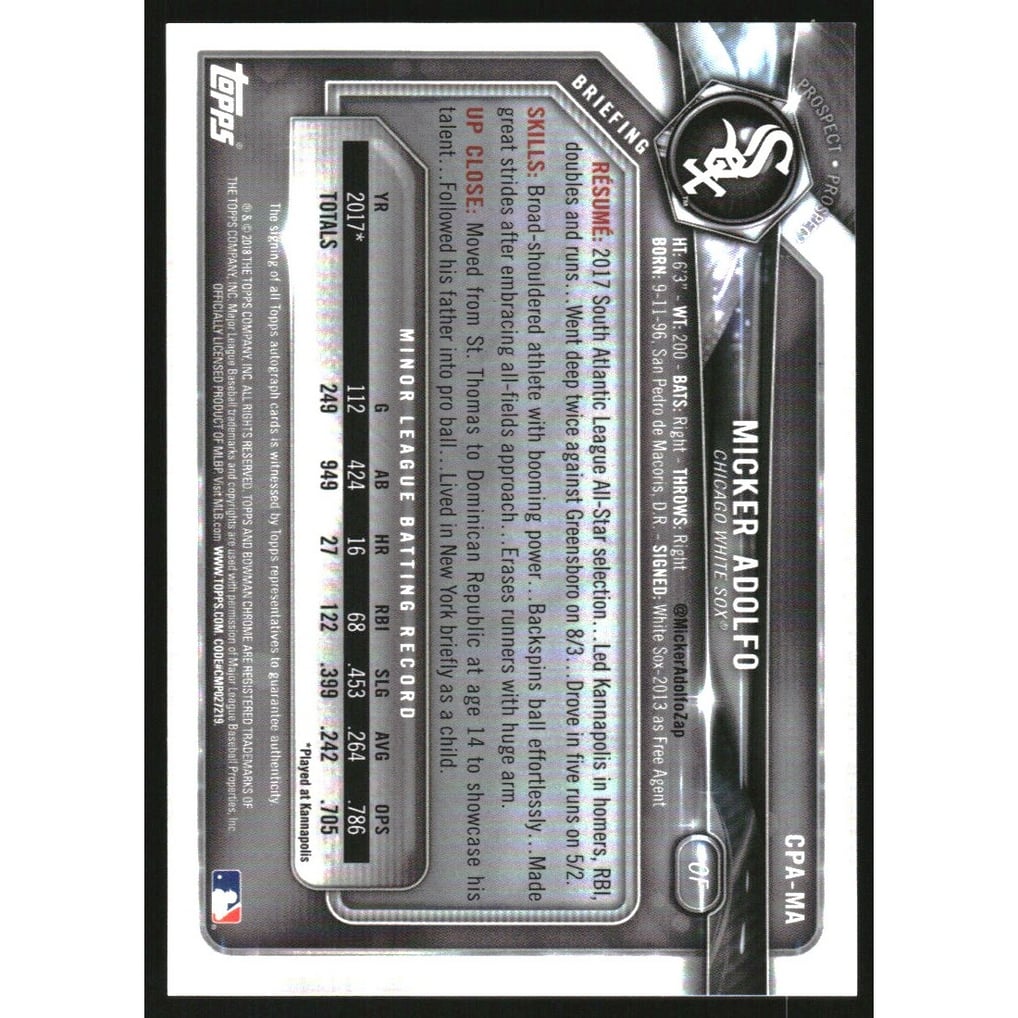2018 Bowman Chrome Prospect Autographs #CPAMA Micker Adolfo