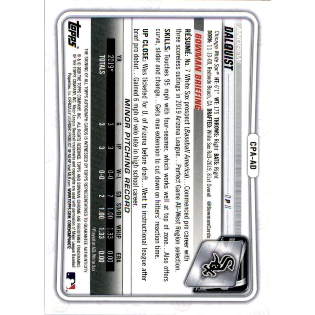 2020 Bowman Chrome Prospect Autographs #CPAAD Andrew Dalquist