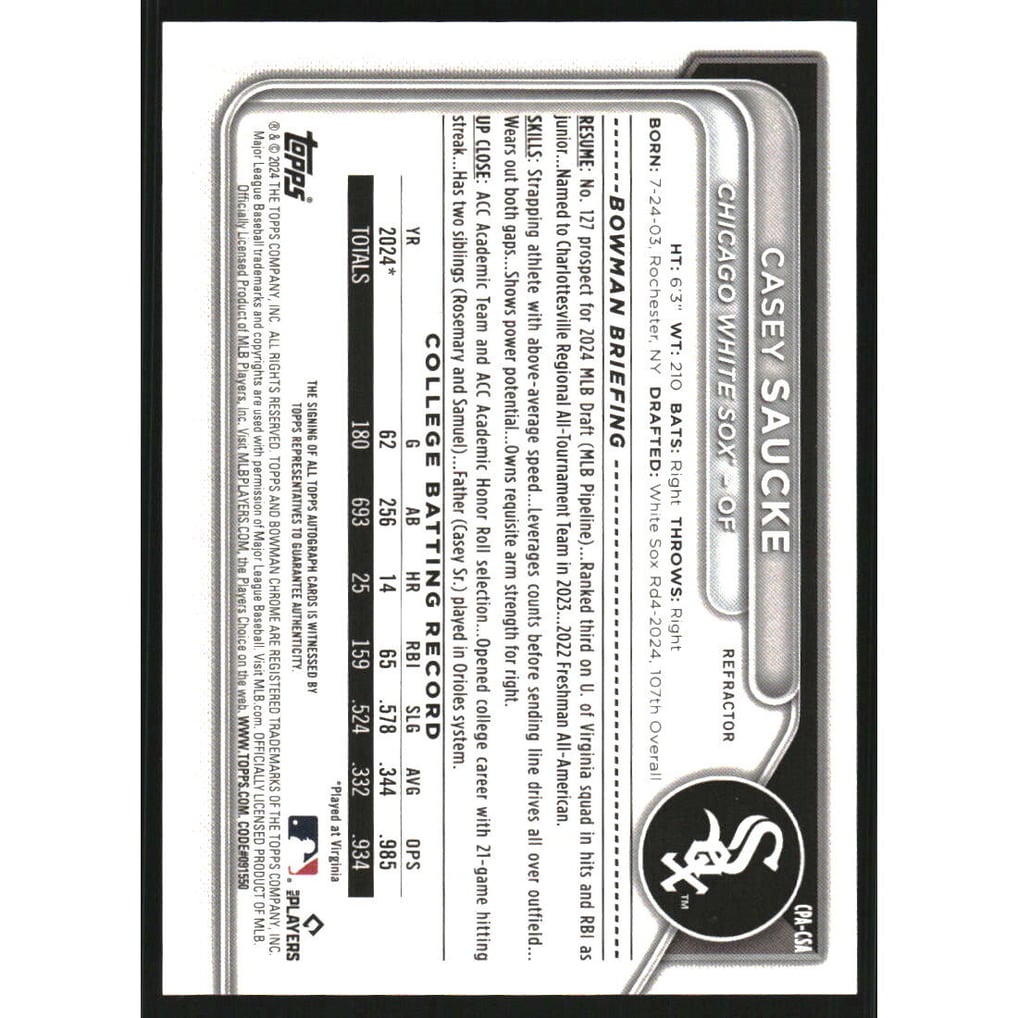 2024 Bowman Chrome Draft Autographs Refractors #CPACSA Casey Saucke