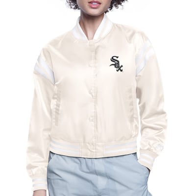  Chicago White Sox Starter Women's Printed Logo Cropped Satin Varsity Full-Snap Jacket - Cream