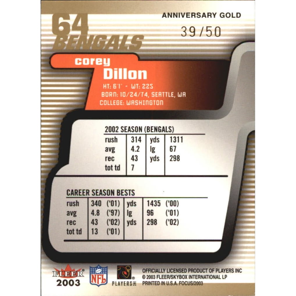 2003 Fleer Focus Anniversary Gold #64 Corey Dillon