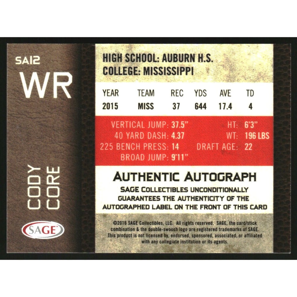 2016 SAGE Autographs Silver #SA12 Cody Core