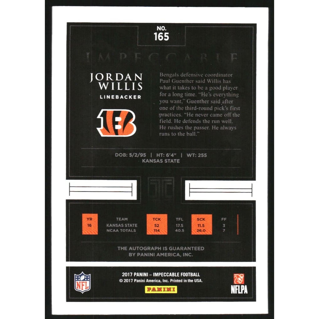 2017 Panini Impeccable Silver #165 Jordan Willis AU