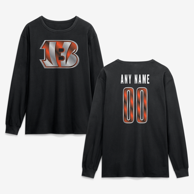 Cincinnati Bengals  Metallic Mascot Personalized Name & Number Long Sleeve T-Shirt - Black