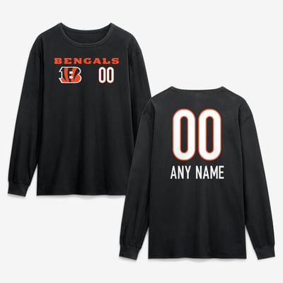 Cincinnati Bengals  Touchdown Wordmark Personalized Name & Number Long Sleeve T-Shirt - Black