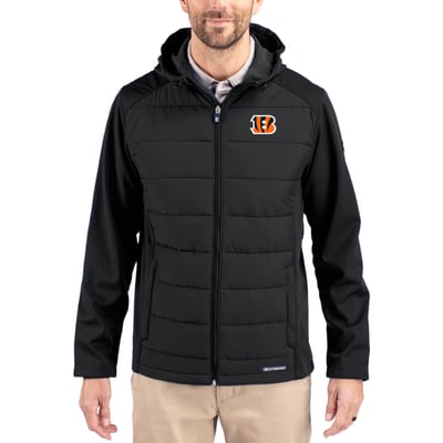 Cincinnati Bengals Cutter & Buck  Evoke PrimaLoft Hybrid Eco Softshell Recycled Full-Zip Hooded Jacket - Black